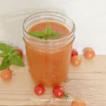 roasted cherry tomato sauce with a sprig of basil surrounded by cherry tomatoes