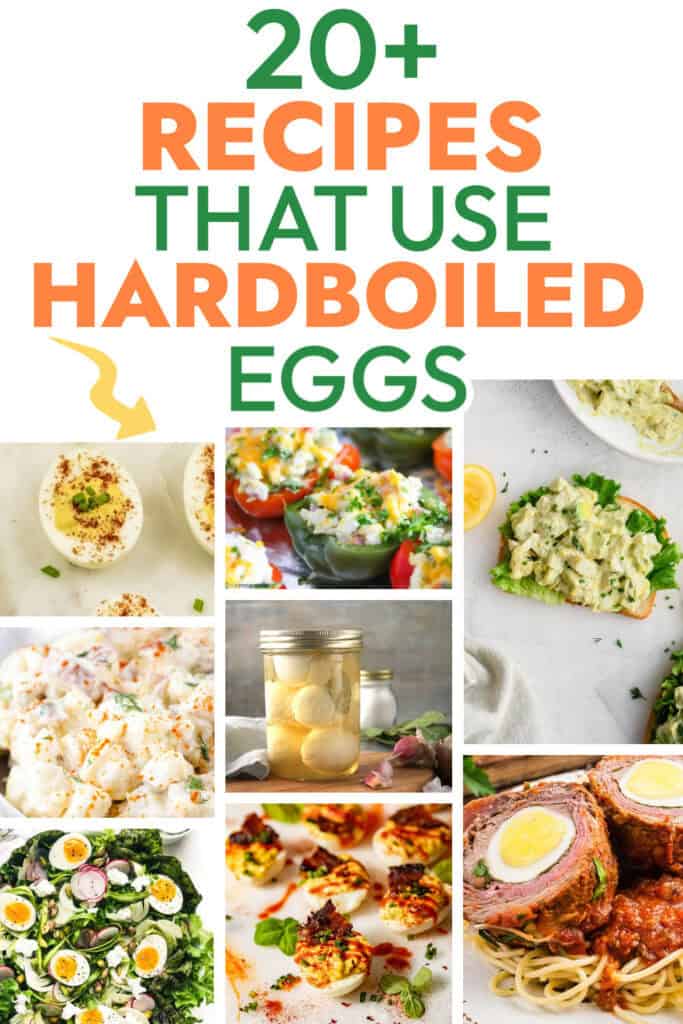 words "20+ recipes that use hardboiled eggs" with 8 pictures-hardboiled eggs with curry powder on top, red and green peppers stuffed with hardboiled eggs, a piece of toast with hardboiled eggs, avocado, and lettuce, a potato salad with hardboiled eggs, pickled hardboiled eggs in a jar with salt and garlic on the side, spring salad with hardboiled eggs, spicy deviled eggs with bacon and basil on the side, italian braciole that contains hardboiled eggs inside several meats on top of spaghetti with sauce